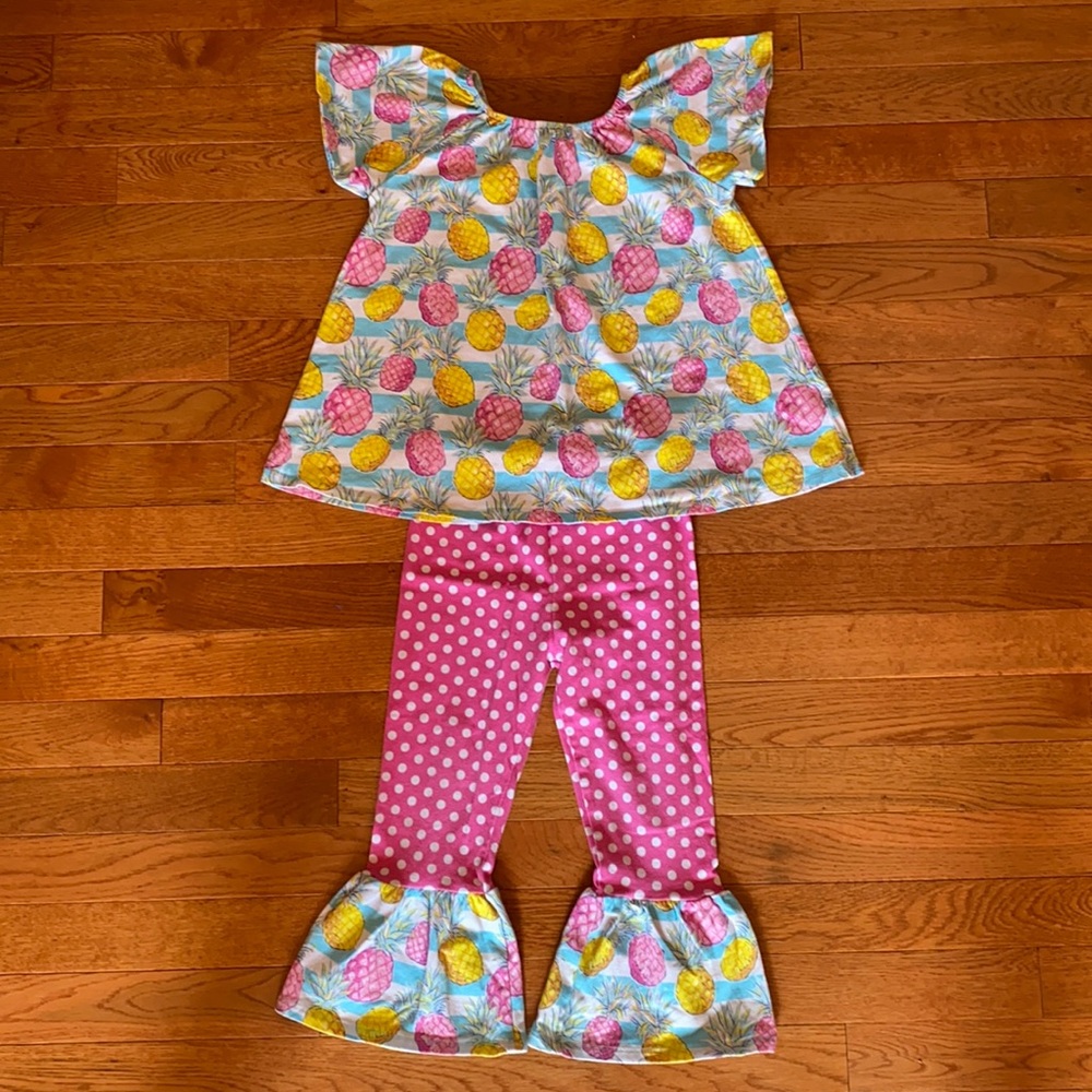 EUC Simply Southern Girl’s 4T Pineapple Polka Dot Stripe Set Pink & Blue